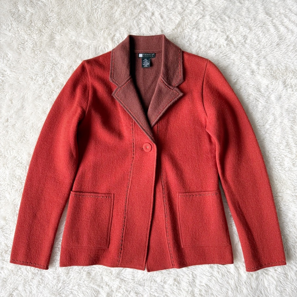 VTG Carole Little Woman Vermilion Wool Stitch Detail Knit Blazer Cardigan SMALL